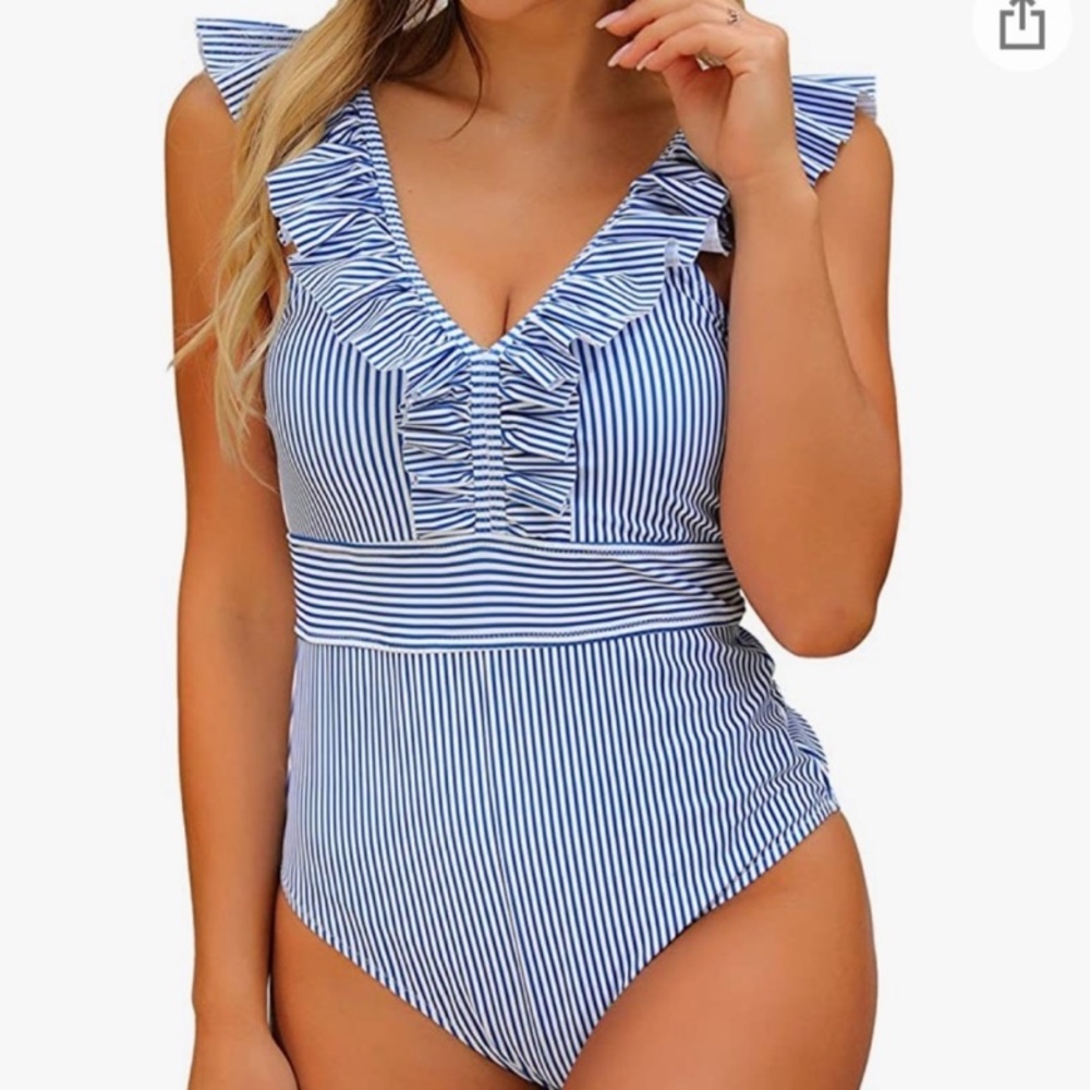 Blooming Jelly Blue and White Striped Ruffle One Piece Swimsuit